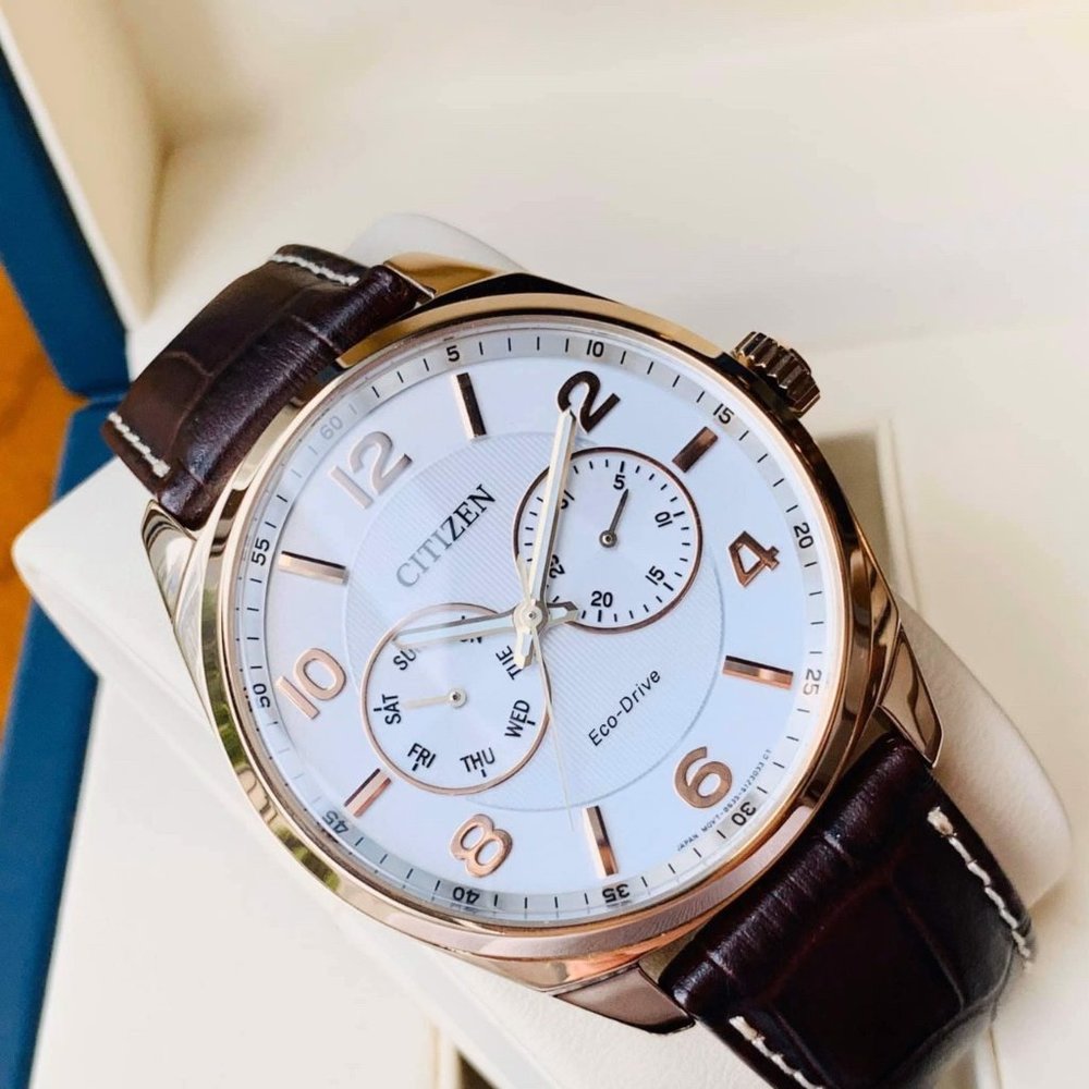 Citizen Rose Gold Dial Leather Brown Strap Watch! New